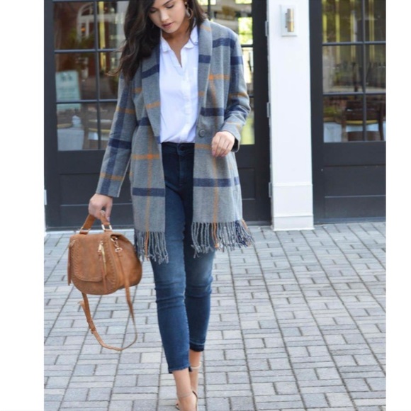 BB Dakota Elementary Plaid Fringed Coat - Picture 7 of 8